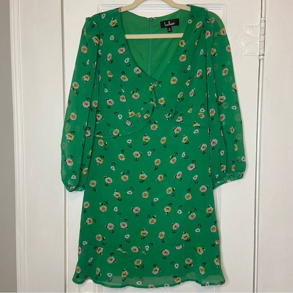 Lulu’s Field of Vision Green Floral Print Long Sleeve Mini Dress Feminine Medium - Picture 5 of 16